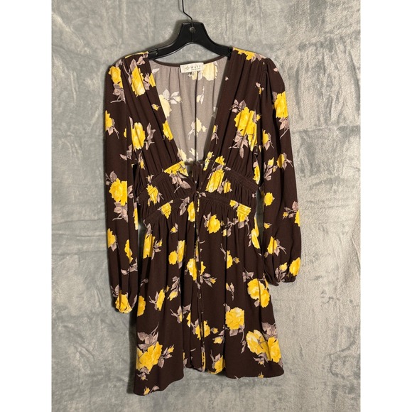 Wayf Dresses & Skirts - WAYF Brown Yellow Floral Smocked Waist V-Neck Long Sleeve Mini Dress Small